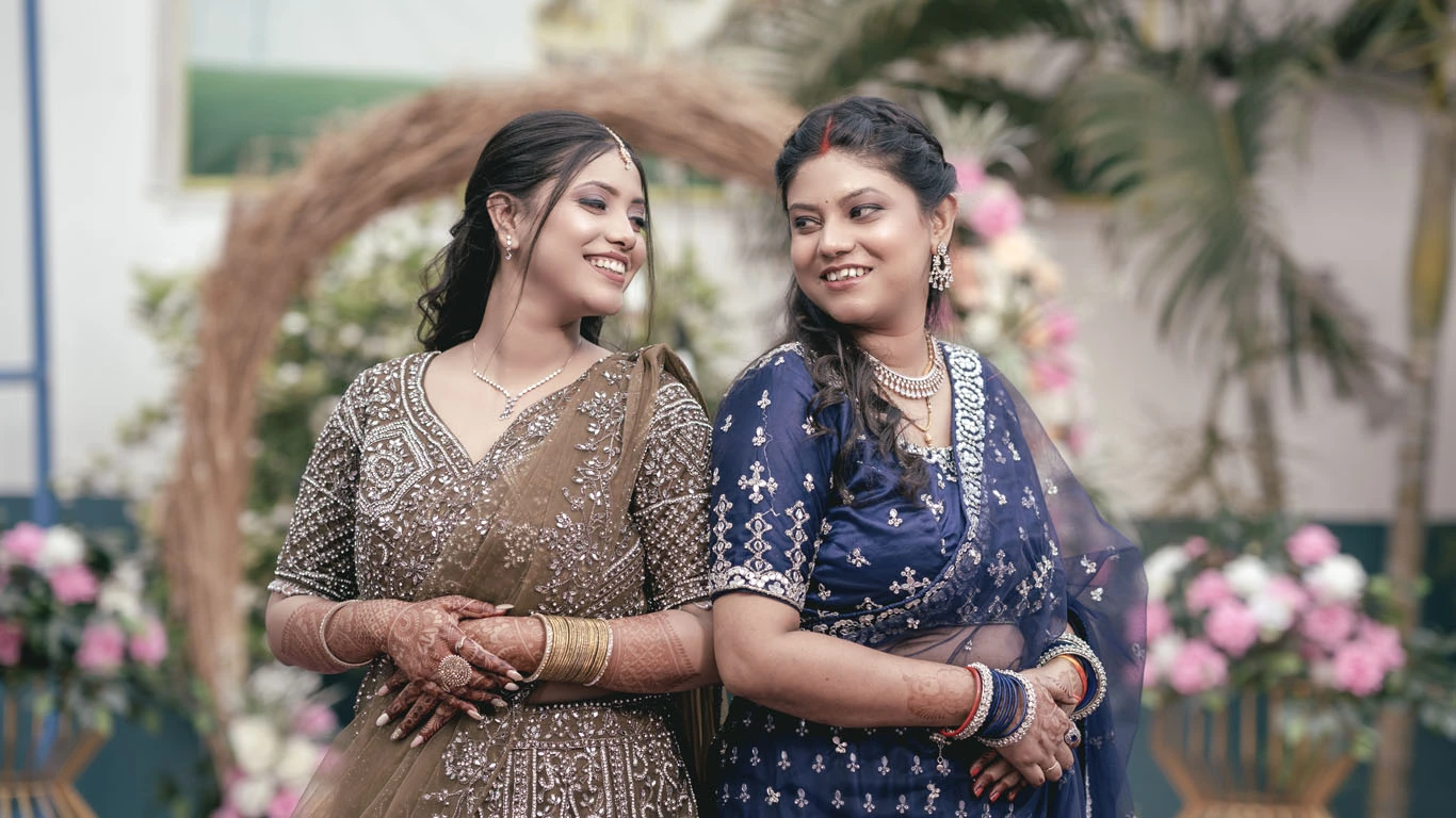Stunning engagement portrait of Aprajita & Adarsh with a dreamy backdrop.
