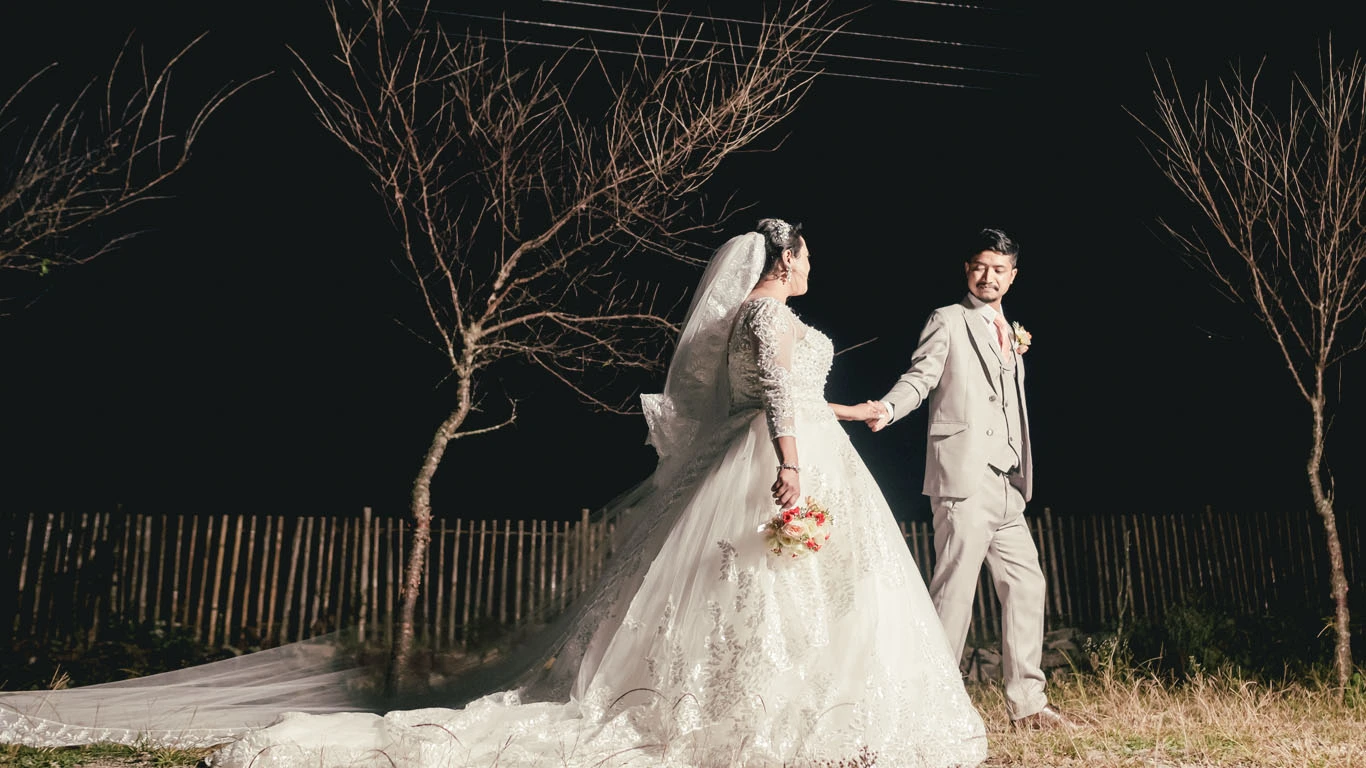 A bride and groom sharing a romantic moment on their wedding day
