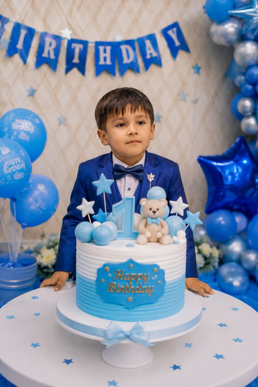 Blue themed first birthday celebration with parents and baby boy posing behind birthday cake