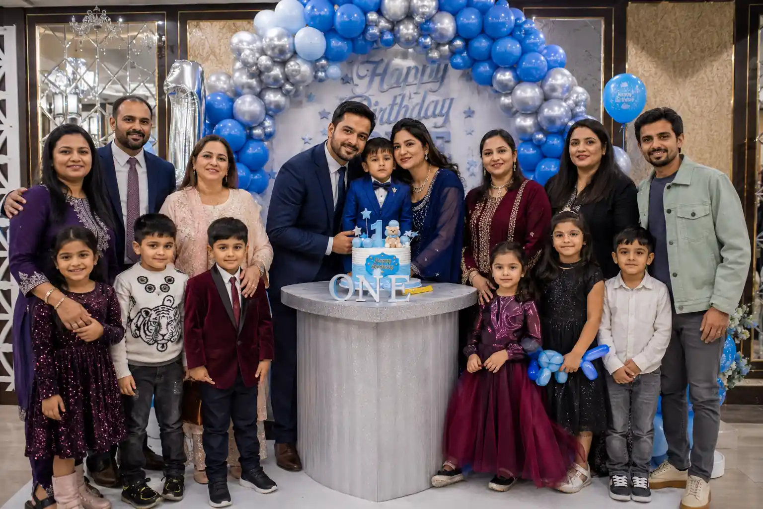 Family group portrait during a blue-themed first birthday celebration with parents, children and birthday cake in Delhi